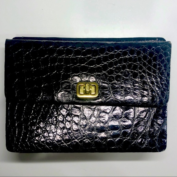 Chic clutch vintage croc embossed dual-sided gold clasps 9”x7” - Picture 3 of 11
